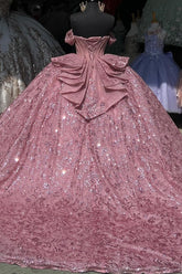 Off-Shoulder Ball Gown Sparkling Sequined Pink Tulle Quinceanera Dress with Beaded Crystal Details for Sweet 16 & Birthday Parties